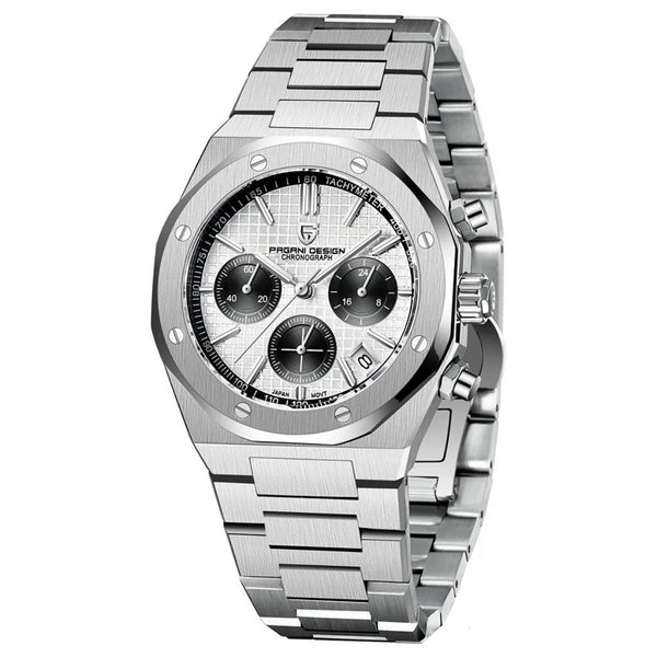 Silver watch with a detailed face on a white background