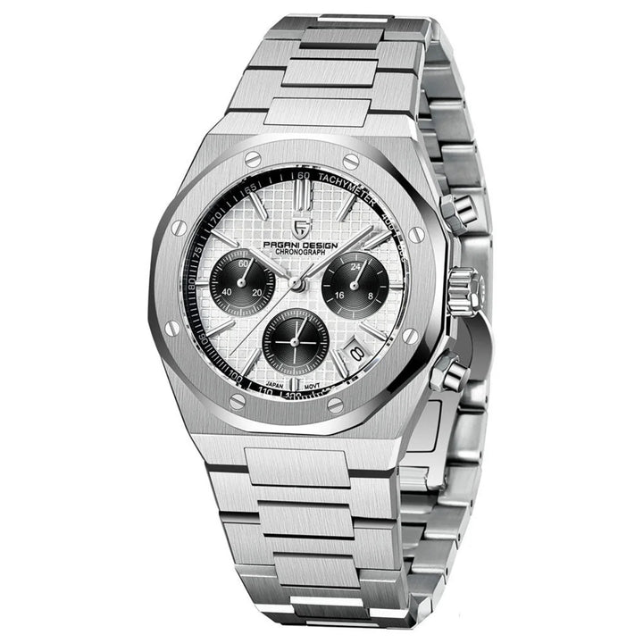 Silver watch with a detailed face on a white background