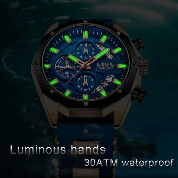 Wristwatch with glowing green hands and detailed face on a dark background